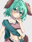  1girl adapted_costume animal_ears blush closed_mouth dog_ears green_eyes green_hair grey_background hair_between_eyes head_tilt highres kasodani_kyouko looking_at_viewer lotus_eaters midriff minoru_0110 navel short_hair simple_background solo tail touhou upper_body 