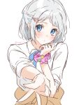  1girl blue_eyes blue_ribbon blue_streaks blush braid brown_jacket closed_mouth clothes_around_waist collared_shirt commentary flower flower_pin gakuen_idolmaster hair_ornament hairclip highres idolmaster jacket jacket_around_waist katsuragi_lilja multicolored_hair nagi_7g parted_bangs pink_flower pink_scrunchie ribbon scrunchie shirt short_hair side_braid simple_background sleeves_rolled_up streaked_hair watermark white_background white_hair white_shirt wrist_scrunchie 