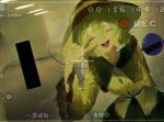  1girl backrooms_(creepypasta) bar_censor black_hat buttons camera_pov ceiling_light censored chromatic_aberration closed_eyes commentary diamond_button disembodied_linked_eye eyeball film_grain fluorescent_lamp frilled_shirt_collar frilled_sleeves frills green_hair green_skirt hallway hat hat_ribbon heart heart_of_string highres horror_(theme) keikeikeicha komeiji_koishi liminal_space ribbon shirt skirt smile touhou v vhs_artifacts wide_sleeves yellow_ribbon yellow_shirt 