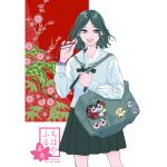  1girl bag black_hair black_ribbon black_skirt cellphone cellphone_charm character_pin charm_(object) chihayafuru floral_background grey_eyes highres holding holding_bag holding_phone long_sleeves medium_hair official_art phone promotional_art ribbon sailor_collar school_bag school_uniform shirt skirt smile snowman snowmaru suetsugu_yuki wakamiya_shinobu white_sailor_collar white_shirt 