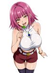  1girl absurdres bare_shoulders belt belt_buckle black_thighhighs bracelet breasts buckle candy commentary_request covered_collarbone crop_top damuko_(kxmx4323) digimon digimon_beatbreak facial_mark food gem gold_bracelet green_gem heart heart_facial_mark highres holding holding_candy holding_food holding_lollipop jewelry large_breasts lollipop looking_at_viewer medium_hair midriff navel nishino_senka open_mouth pink_hair red_shorts shirt shorts simple_background sleeveless solo strap_gap teeth thighhighs thighs tongue tongue_out upper_teeth_only white_background white_belt white_shirt yellow_eyes 