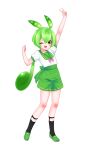  1girl :3 :d ;3 ;d absurdres arm_up black_socks bow bowtie double-parted_bangs edomura_niniko full_body green_hair green_sailor_collar green_shoes green_shorts hair_between_eyes hand_up highres legwear_garter long_hair looking_at_viewer low_ponytail official_art one_eye_closed open_mouth orange_eyes outstretched_arm pink_bow pink_bowtie ponytail sailor_collar school_uniform serafuku shirt shoes short_sleeves shorts simple_background smile socks solo standing transparent_background v v-shaped_eyebrows voicevox white_shirt zundamon 