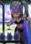  1girl absurdres backlighting bare_shoulders beach beach_umbrella bikini black_bikini blowing_whistle bracelet braid breasts cleavage colobbit commentary_request creature grey_eyes grey_hair hair_intakes halterneck highres holding holding_swim_ring ikutu_mono jewelry long_hair medium_breasts navel nijisanji ocean purple-tinted_eyewear purple_sarong sarong see-through_clothes see-through_sarong side_ponytail solo sophia_valentine summer sun sunglasses swim_ring swimsuit tinted_eyewear triangle_bikini_top umbrella virtual_youtuber water 