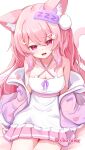  1girl :d animal_ears baram bare_shoulders bed_sheet breasts cat_ears cat_girl cat_tail cleavage collarbone commentary_request copyright_request crescent crescent_hair_ornament criss-cross_halter dress hair_between_eyes hair_ornament hairclip halterneck highres jacket long_hair medium_breasts off_shoulder open_clothes open_jacket pink_hair pink_skirt pleated_skirt purple_eyes purple_jacket rabbit_hair_ornament sitting skirt smile solo tail twitter_username very_long_hair virtual_youtuber white_background white_dress 