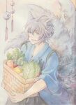  1boy absurdres animal_ears basket bell_pepper blue_eyes blue_kimono carrot dated english_commentary food fox_ears fox_tail ginnji grey_hair highres holding holding_basket japanese_clothes kakuriyo_no_yadomeshi kimono kitsune kyuubi male_focus miiyuni multiple_tails open_mouth painting_(medium) standing tail tasuki traditional_media watercolor_(medium) wind_chime 