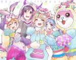  5girls :d ^_^ bang_dream! bang_dream!_girls_band_party! blonde_hair blue_hair closed_eyes commentary group_hug halloween hello_happy_world! highres hug kigurumi kitazawa_hagumi matsubara_kanon michelle_(bang_dream!) multiple_girls okusawa_misaki open_mouth orange_hair purple_eyes purple_hair red_eyes seta_kaoru short_hair smile succhii_(pikaru) tsurumaki_kokoro 
