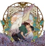  1boy 1other angel_wings art_nouveau black_hair black_pants blue_flower brown_hair cloak closed_eyes cloud cloudy_sky clutching_clothes commentary_request feathered_wings flower glasses green_cloak hand_on_another's_neck hange_zoe highres leaning_forward levi_(shingeki_no_kyojin) medium_hair other_with_male pants paradis_military_uniform parted_bangs ponytail purple_flower scar scar_on_cheek scar_on_face scar_on_mouth shingeki_no_kyojin shirt short_hair sky sleeves_rolled_up suzu_(mjje0txjdsyxovk) upper_body white_shirt white_wings wings 