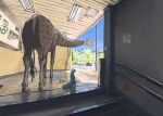  absurdres animal animal_ears building commentary_request dated giraffe highres japan looking_outside original procreate_(medium) scenery shade sign signature spotted_fur stairs summer train_station urban user_phkc7857 watermark weasel 
