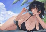  1girl alternate_costume bikini bikini_bottom_under_shorts bikini_under_clothes black_bikini black_hair blue_sky breasts commentary day denim denim_shorts female_rover_(wuthering_waves) food hair_ornament hair_ribbon hairclip highres holding holding_food holding_popsicle large_breasts leppib long_hair looking_at_viewer lying on_side open_mouth outdoors parallel_hairclips popsicle ribbon rover_(wuthering_waves) shorts sky solo swimsuit tongue tongue_out untranslatable_commentary wuthering_waves yellow_eyes yellow_ribbon 