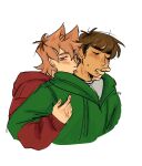  2boys alternate_skin_color animification antenna_hair blush brown_hair closed_eyes commentary cropped_torso darkened_skin drawstring edd_(eddsworld) eddsworld english_commentary finger_in_another's_mouth flipped_hair funkyhoodie green_hoodie grey_eyes grey_shirt hair_ears highres hood hood_down hoodie hug hug_from_behind jitome licking licking_another's_neck long_sleeves looking_at_viewer male_focus multicolored_hair multiple_boys red_hoodie roots_(hair) shirt short_hair simple_background tan tongue tongue_out tord_(eddsworld) u_u white_background yaoi 