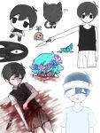  3boys animal_ears antenna_hair arm_at_side bandage_over_one_eye bandaged_head bandages basil_(headspace)_(omori) basil_(omori) black_eyes black_hair black_sweater_vest black_tank_top blood blood_on_clothes blood_on_knife brown_shorts cat_boy cat_ears cat_tail chibi closed_eyes closed_mouth cloud0116yuntu collared_shirt colored_skin double-parted_bangs expressionless flower flower_wreath food fruit green_hair guro hair_between_eyes head_wreath highres holding holding_knife hospital_gown kemonomimi_mode knife looking_at_viewer male_focus multiple_boys omori omori_(omori) parted_lips shirt short_hair short_sleeves shorts smile something_(omori) spoilers sprout_mole striped_clothes striped_shorts sunny_(hospital_gown)_(omori) sunny_(omori) sweater_vest tail tank_top vertical-striped_clothes vertical-striped_shorts watermelon white_background white_shirt white_shorts white_skin 