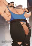  1boy armpit_hair armpits artist_name bara belly black_pants blue_shirt blue_tank_top brown_gloves closed_eyes commentary deadlock_(game) earrings english_commentary english_text facial_hair fingerless_gloves from_below gabeonserving gloves hand_on_own_head highres huge_pectorals jewelry lash_(deadlock) male_focus muscular muscular_male mustache navel nipple_piercing nipples open_fly open_pants paid_reward_available pants pectorals piercing plump precum precum_drip shirt sleeveless sleeveless_shirt smile sparkle tank_top torn_clothes torn_pants twitter_username 