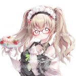  1girl 9-nine- :o bare_shoulders blank_eyes blush bow breasts cake cherry chinese_commentary commentary_request commission detached_collar drawn_ears drawn_whiskers dress food frilled_sleeves frills fruit glasses green_bow hands_up highres holding holding_plate kujou_miyako layered_sleeves long_hair long_sleeves looking_at_viewer maid maid_headdress medium_breasts nine_ball_maid_uniform off-shoulder_dress off_shoulder parted_lips plate red-framed_eyewear sayaaatat short_over_long_sleeves short_sleeves sidelocks simple_background smile solo strawberry strawberry_shortcake twintails upper_body variant_set white_background 