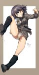  1girl anzio_military_uniform black_hair black_shoes black_socks breasts brown_hair commentary_request erakin feet_out_of_frame girls_und_panzer green_jacket highres jacket medium_breasts open_mouth panties pantyshot pepperoni_(girls_und_panzer) school_uniform shoes short_hair socks solo underwear white_panties 
