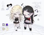  ;) artist_request black_boots black_hair black_skirt blonde_hair blood_time boots brown_eyes chibi chibi_only closed_mouth commentary_request da-yang_baek demon_girl demon_horns detached_wings frown garter_belt grey_eyes grey_shorts ha-yang_baek hair_ornament hairclip highres horns korean_commentary korean_text long_hair midriff musical_note navel one_eye_closed pale_skin second-party_source shorts siblings sisters skirt smile translation_request wavy_hair wings x_hair_ornament y2k_fashion 
