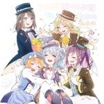  5girls ascot bang_dream! bang_dream!_girls_band_party! black_hair black_hat blonde_hair blue_dress blue_hair blue_hat breasts brown_hat brown_jacket cleavage commentary confetti dated dress grey_eyes happy_birthday hat hello_happy_world! highres jacket kitazawa_hagumi long_hair matsubara_kanon medium_breasts medium_hair multiple_girls okusawa_misaki one_side_up open_mouth orange_hair ponytail purple_hair purple_hat seta_kaoru shirt short_hair succhii_(pikaru) tsurumaki_kokoro white_background white_shirt yellow_ascot 
