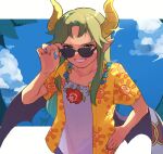  1boy adjusting_eyewear blue_flower blue_sky commentary_request curtained_hair day demon_boy demon_horns demon_wings flower flower_necklace green_hair hand_on_eyewear hand_on_own_hip hibiscus highres horns letterboxed long_hair long_sidelocks looking_at_viewer looking_over_eyewear male_focus open_clothes open_mouth open_shirt outdoors outside_border palm_tree pink_flower pointy_ears print_shirt puyopuyo puyopuyo_quest red_eyes red_flower satan_(dazzling)_(puyopuyo) satan_(puyopuyo) shirt sidelocks sky smile solo sparkle standing summer sun_print sunglasses tree upper_body urolo white_flower white_shirt wings yellow_horns yellow_shirt 