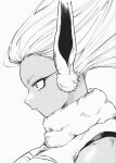  1girl 9_gopy :| animal_ears bare_shoulders boku_no_hero_academia breasts closed_mouth crescent_print expressionless floating_hair from_side fur_collar greyscale highres large_breasts leotard long_eyelashes long_hair looking_ahead mirko monochrome portrait rabbit_ears rabbit_girl solo taut_leotard 