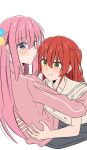  2girls absurdres black_skirt blue_eyes blush bocchi_the_rock! brown_shirt closed_mouth commentary cube_hair_ornament gotoh_hitori green_eyes hair_ornament highres hug jacket kita_ikuyo long_hair multiple_girls one_side_up pink_hair pink_jacket pleated_skirt red_hair ryoo_0526 school_uniform shirt shuka_high_school_uniform simple_background skirt smile track_jacket white_background yuri 