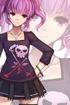  aisha_(elsword) artist_name bad_id bad_pixiv_id black_skirt bracelet contemporary elsword hand_on_hip highres jewelry looking_at_viewer necklace pleated_skirt purple_eyes purple_hair short_hair skirt skull_and_crossbones smile solo swd3e2 thighhighs twintails zoom_layer 