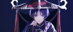  1boy armor black_background black_bodysuit black_hat black_kimono black_sleeves black_veil bodysuit clenched_hand closed_mouth commentary_request eyelashes eyeliner genshin_impact gold hand_on_own_face hat highres japanese_armor japanese_clothes jewelry jingasa juban kimono kote kukatsuma kurokote looking_at_viewer makeup male_focus mandarin_collar neck_ring open_clothes open_kimono purple_eyes purple_rope red_eyeliner red_hat red_kimono rope scaramouche_(genshin_impact) scaramouche_(harbinger)_(genshin_impact) shimenawa solo straight-on tsurime two-tone_hat veil white_kimono white_rope 