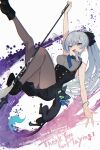  1girl black_boots black_pantyhose blue_eyes blue_necktie boots bow bracelet breasts button_up_skirt buttons cat collared_shirt commentary_request deep_one:_ryoukai_shinpan double-breasted english_text engrish_text floating framed_breasts full_body gold_bracelet grey_hair grey_shirt hair_bow high-waist_skirt highres holding holding_polearm holding_weapon jewelry long_hair medium_breasts miniskirt natsuhiko necktie official_artist_extra open_hand pantyhose polearm ponytail ranguage shirt sidelocks skirt sleeveless sleeveless_shirt suspender_skirt suspenders underbust weapon yuuki_kasumi 
