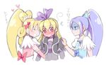  aida_mana asymmetrical_clothes bad_id bad_pixiv_id black_jacket blonde_hair blue_dress blue_eyes blush bow bracelet closed_eyes cure_diamond cure_heart curly_hair dokidoki!_precure dress earrings embarrassed full-face_blush girl_sandwich hair_flip hair_ornament hair_ribbon half_updo happy heart heart_hair_ornament hishikawa_rikka hug jacket jewelry lacolon long_hair magical_girl multiple_girls open_mouth pink_bow pink_dress pink_sleeves ponytail precure puffy_sleeves red_eyes regina_(dokidoki!_precure) ribbon sandwiched shaded_face simple_background sketch translated turn_pale white_background yuri 