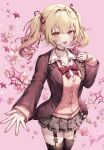  1girl :d ahoge black_choker black_thighhighs blazer blonde_hair blue_streaks bow breasts cardigan cherry_blossoms choker collarbone collared_shirt commentary cowboy_shot cross-laced_clothes cross-laced_skirt flower garter_straps gradient_hair grey_skirt hair_intakes hair_ribbon hand_up heterochromia highres hoshikawa_sara hoshikawa_sara_(4th_costume) jacket jewelry komeshiro_kasu long_hair long_sleeves looking_at_viewer miniskirt multicolored_hair nijisanji offering_hand official_artist_extra open_clothes open_hand open_jacket open_mouth petals pink_background pink_flower pink_hair pleated_skirt red_bow red_eyes red_ribbon ribbon ring school_uniform shirt skirt sleeves_past_wrists smile solo star_(symbol) streaked_hair thighhighs twintails virtual_youtuber white_shirt yellow_eyes 