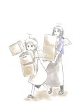  2girls absurdres alternate_hairstyle angel angel_wings black_boots black_skirt boots box brown_eyes cigarette commentary denim denim_jacket dress flip-flops haibane_renmei halo highres holding holding_box jacket long_skirt multiple_girls one-hour_drawing_challenge orange_sailor_collar ponytail rakka_(haibane_renmei) reki_(haibane_renmei) sailor_collar sailor_dress sandals skirt sleeves_rolled_up static_cling walking white_background wings yasu_(shijimi_8) 