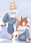  2girls absurdres animal_ears aston_machan_(umamusume) bare_shoulders blonde_hair blush breasts brown_hair closed_mouth commentary_request ear_covers green_eyes hair_between_eyes hair_ornament highres horse_ears horse_girl horse_tail jewelry large_breasts looking_at_viewer mashiroken07 medium_breasts medium_hair midriff multiple_girls narita_top_road_(umamusume) navel necklace off-shoulder_shirt off_shoulder one_side_up purple_eyes purple_nails red_nails red_scrunchie sandals scrunchie shirt short_hair single_ear_cover sitting smile tail umamusume white_shirt 