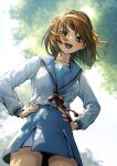  1girl :d absurdres blue_sailor_collar brown_eyes brown_hair commentary cowboy_shot dappled_sunlight day diagram_(purpleicegram) from_below hair_ribbon hairband hands_on_own_hips highres kita_high_school_uniform long_sleeves looking_at_viewer open_mouth outdoors red_ribbon ribbon sailor_collar school_uniform serafuku skirt smile solo standing sunlight suzumiya_haruhi suzumiya_haruhi_no_yuuutsu teeth tongue v-shaped_eyebrows winter_uniform yellow_hairband yellow_ribbon 