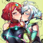  1boy 1girl aqua_hair black_one-piece_swimsuit cheating_(relationship) circlet commentary core_crystal_(xenoblade) elbow_gloves english_commentary floral_background floren_(xenoblade) french_kiss gloves grabbing_another's_breast green_background green_gloves green_leotard groping hetero highres kiss kurosu169 leotard netorare one-piece_swimsuit pink_eyes pyra_(pro_swimmer)_(xenoblade) pyra_(xenoblade) red_eyes red_hair short_hair swimsuit tongue tongue_out trap upper_body xenoblade_chronicles_(series) xenoblade_chronicles_2 