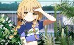  absurdres blonde_hair blush bow braid commentary crop_top english_commentary fence flower fujita_kotone gakuen_idolmaster hand_up highres idolmaster jewelry light_blush light_smile looking_at_viewer nail_polish namae_kimaranai nature necklace purple_shirt shirt 