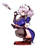  absurdres black_gloves black_shoes black_thighhighs borrowed_design braid breasts cleavage elbow_gloves from_side full_body gengmin0922 gloves grey_hair high_heels highres huge_breasts izayoi_sakuya maid_headdress namako_daibakuhatsu pocket_watch reference_inset shoes short_hair short_sleeves simple_background squatting thighhighs touhou twin_braids underboob watch white_background 
