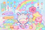  1other :3 alt_text animal_crossing artist_name artist_self-insert baby_animal bird burger character_doll chibi chibi_only chick colorful commentary cup disposable_cup doll egg_(food) english_commentary english_text flower food fruit full_body gloom_(expression) halftone hamster_costume handheld_game_console heart highres indoors kirby kirby_(series) mii_(nintendo) mobile musical_note neogeopet nintendo_3ds on_floor pikachu pokemon poster_(object) rainbow rug shaved_ice sitting solo speech_bubble squiggle star_(symbol) strawberry thought_bubble tomodachi_life tomodachi_life:_living_the_dream user_interface wings 