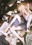  2girls absurdres ahoge barefoot black_shirt black_skirt blonde_hair blue_hair bocchi_the_rock! bow bowtie collared_shirt commentary_request computer_keyboard controller hair_ornament hairclip head_between_legs highres ijichi_nijika indoors kissing_leg long_hair long_sleeves lying miniskirt multiple_girls on_side parallel_hairclips pink_bow pink_bowtie pleated_skirt polka_dot polka_dot_bow polka_dot_bowtie pong_(pong_o0) remote_control school_uniform shimokitazawa_high_school_uniform shirt shirt_tucked_in short_hair side_ponytail sitting skirt toes undershirt very_long_hair white_shirt yamada_ryo yuri 