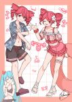  2girls aqua_eyes aqua_hair arrow_(symbol) bare_legs bikini black_bikini black_male_swimwear black_sarong black_swim_trunks block_heels blue_shirt border bow brown_shoes collarbone commentary_request crocs cross-laced_bikini cross-laced_clothes cross-laced_sandals doodle_background drawstring drill_hair flower frilled_bikini frilled_thigh_strap frills grid_background groin hair_bow hair_flower hair_ornament hand_on_own_chin hatsune_miku hawaiian_shirt high_heel_sandals high_heels highres holding holding_swim_ring hymgkamui innertube jewelry kasane_teto male_swimwear male_swimwear_challenge midriff multiple_girls multiple_views navel notice_lines off-shoulder_bikini off_shoulder open_clothes open_shirt outside_border parted_bangs pendant pink_bikini pink_border platform_sandals polka_dot polka_dot_bikini pondering raised_eyebrow red_bow red_eyes red_hair ruffle_bikini sandals sarong scrunchie shirt shoes side-tie_bikini_bottom signature stroking_own_chin swim_ring swimsuit thigh_strap thinking twin_drills twintails uneven_eyes utau vocaloid white_background white_sandals wrist_scrunchie 