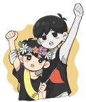  2boys alternate_costume alternate_universe antenna_hair arm_up black_eyes black_hair black_shirt black_tank_top blush bright_pupils clenched_hand collarbone colored_skin commentary_request double-parted_bangs dual_persona flag flower flower_wreath hair_between_eyes head_wreath highres holding holding_flag looking_at_viewer male_focus multiple_boys omori omori_(omori) open_mouth shirotsume_143 shirt short_hair short_sleeves sunny_(omori) t-shirt tank_top teeth upper_teeth_only white_pupils white_skin 