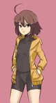  ahoge bad_id bad_tumblr_id bike_shorts brown_eyes brown_hair flat_chest hands_in_pockets highres hood hoodie linne open_clothes open_hoodie red_seiryu short_hair solo under_night_in-birth 
