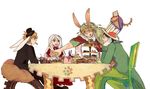  3boys :q animal_ears bad_id bad_pixiv_id blonde_hair bowl broccoli_(arupuru) brown_hair bunny_ears cake chair character_request closed_eyes copyright_request eating fake_animal_ears food food_in_mouth food_on_face fruit glasses gloves hat long_hair looking_at_another multiple_boys open_mouth pince-nez reaching red_eyes simple_background sitting slice_of_cake smile strawberry strawberry_shortcake tiered_tray tongue tongue_out top_hat white_background white_hair 
