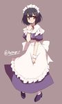  absurdres alternate_costume apron black_hair brown_eyes dress enmaided haguro_(kantai_collection) hair_ornament highres hoppege kantai_collection maid maid_headdress open_mouth pantyhose short_hair solo twitter_username waist_apron 