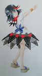  arm_up bad_id bad_pixiv_id black_hair blue_eyes bow bracelet breasts cosplay dress horns jewelry kijin_seija kijin_seija_(cosplay) kill_la_kill light_smile look-alike looking_at_viewer looking_back matoi_ryuuko medium_breasts multicolored_hair photo red_hair ribbon sandals see-through short_hair short_sleeves shu_(loveeater) simple_background solo touhou traditional_media white_background white_hair 