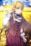  blonde_hair blue_eyes dress elysia_wentworth highres long_hair purple_dress shiei_no_sona-nyl smile solo steampunk_(liarsoft) takano_kou watermark web_address 