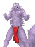  anthro biceps big_muscles big_tail black_nose bodypaint bulge canine captainjohkid chest_tuft fangs flexing fur grin hair jo_(artist) kemono loincloth male mammal muscles pecs plain_background pose purple_fur red_eyes smile solo standing tattoo teeth toned topless tuft white_background white_fur white_hair wolf 