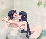  absurdres assertive bath black_hair blue-hamu blush breasts bruise eyebrows highres injury kill_la_kill kiryuuin_satsuki large_breasts long_hair matoi_ryuuko multicolored_hair multiple_girls nipples nude open_mouth partially_submerged plant scratches shared_bathing short_hair thick_eyebrows tile_wall tiles two-tone_hair vines wavy_mouth wet yuri 