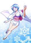  bare_legs blue_background blue_eyes blue_hair blush eyelashes full_body gradient gradient_background happy highres japanese_clothes jigoku_sensei_nube kijinaka_mahiro kimono looking_at_viewer nail_polish obi open_mouth sandals sash short_hair short_hair_with_long_locks short_kimono sidelocks simple_background smile snowflake_background snowflakes solo toenail_polish toes white_background wide_sleeves yuki_onna yukime_(jigoku_sensei_nube) 