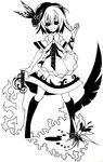  black_eyes boku_(isizakitakasi) food fruit hair_ornament hat highres hinanawi_tenshi leaf_hair_ornament monochrome short_hair smile solo sword_of_hisou touhou white_background wings 