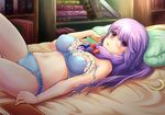  adworse blue_bra blue_panties blush book bookshelf bow bra breasts crescent hair_bow long_hair looking_at_viewer lying medium_breasts navel on_back panties patchouli_knowledge pillow purple_eyes purple_hair solo stomach strap_slip touhou underwear underwear_only 