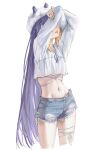  1girl absurdres arms_up beret blue_shorts commentary covering_own_eyes cropped_shirt denim denim_shorts gradient_hair hat highres hololive hololive_english linea_alba long_hair long_sleeves midriff multicolored_hair navel ninomae_ina'nis official_alternate_costume orange_hair pointy_ears purple_hair samukzz shirt short_shorts shorts sidelocks simple_background solo straight_hair tentacle_hair thigh_strap torn_clothes torn_shorts untranslatable_commentary very_long_hair virtual_youtuber white_background white_hat white_shirt 