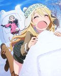  ^_^ blonde_hair closed_eyes d: food gloves handa_roko hat hoshii_miki idolmaster idolmaster_(classic) idolmaster_million_live! multiple_girls non-web_source official_art onigiri open_mouth silver_hair snow snow_sculpture 